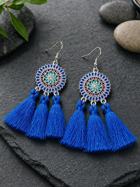 Boutique Jewelry - Bohemian Flower Tassel Fringe Drop Earrings Blue